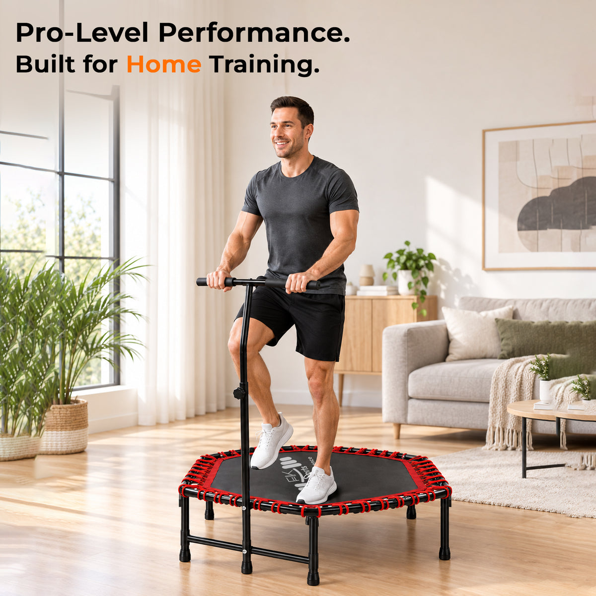 Hexagonal Fitness Trampoline Rebounder with Adjustable Handle – 40/48 Inch | FK Sports