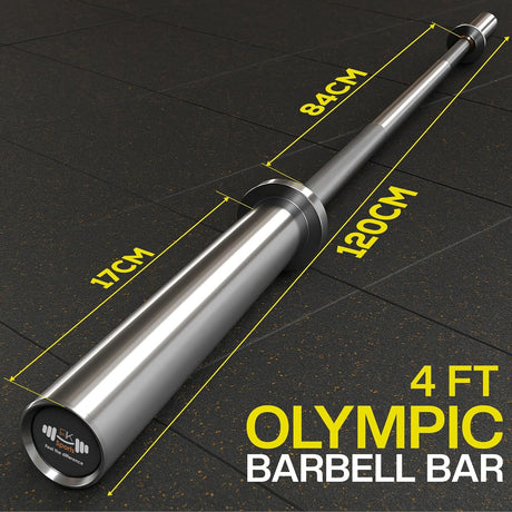 4 FT Olympic Barbell Bar with measurements on a black background

