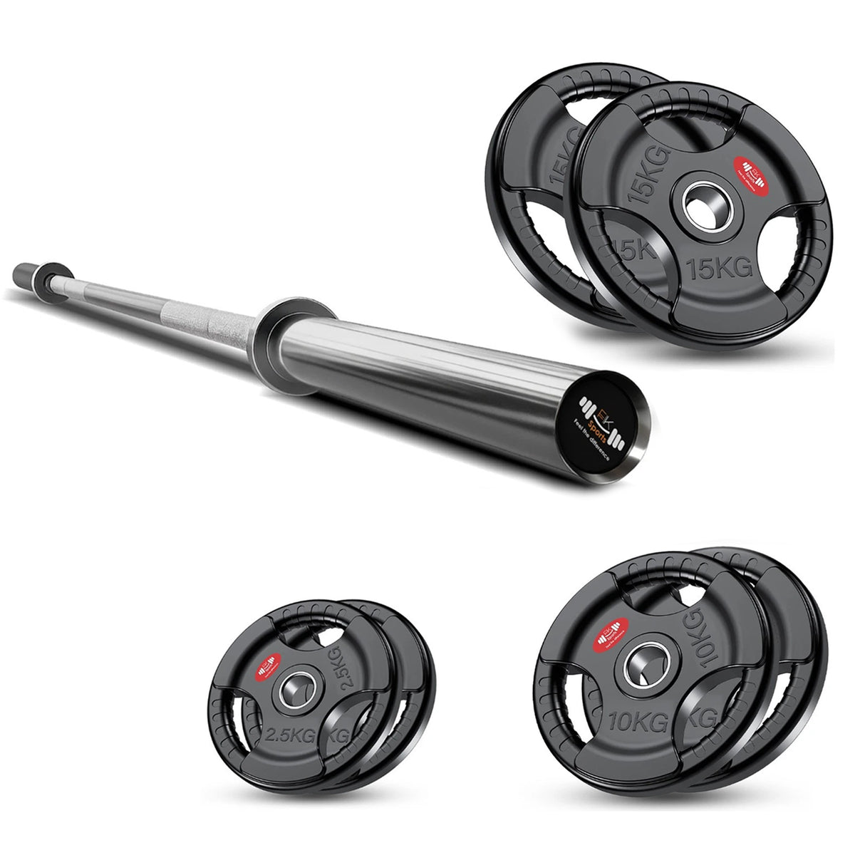 Tri-Grip Olympic Weight Plate &amp; Barbell Set. 55 - 140 KG