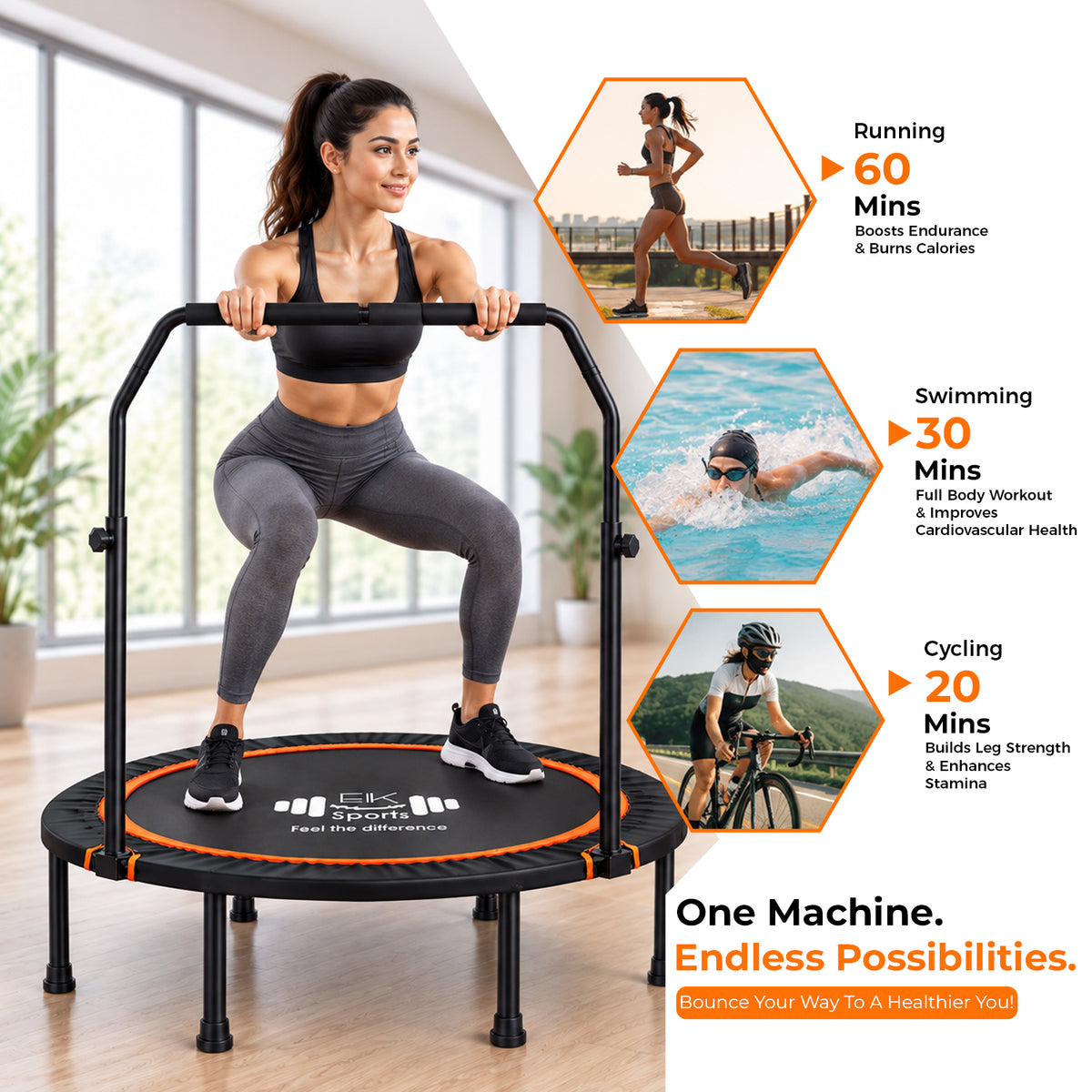 Foldable Mini Trampoline Rebounder 40” & 48” with U Bar Handle | FK Sports UK