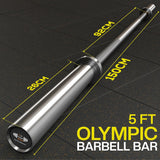 5 ft Olympic barbell bar with measurements on a black tiled background