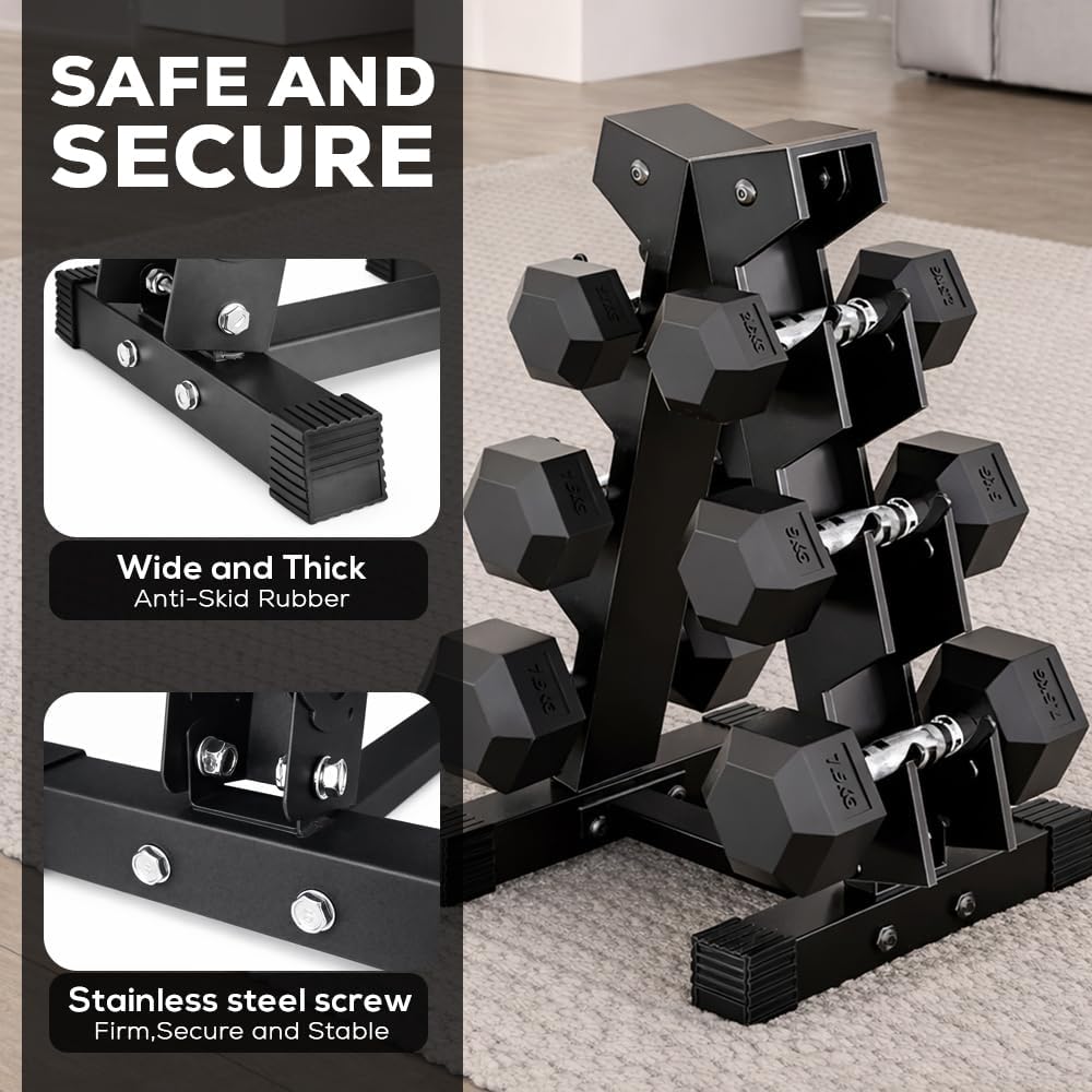 FK Sports 3 Tier Hex Dumbbell Tree Rack – Heavy-Duty Steel Weight Hex Storage Stand