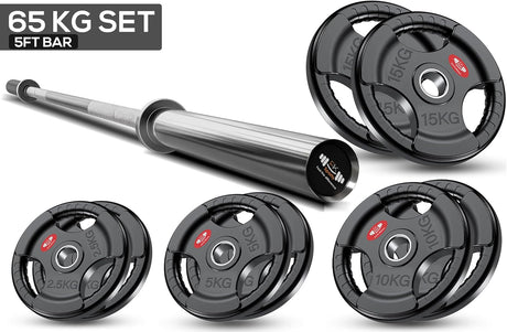5ft Barbell set with 65kg weight plates on a white background