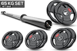 4ft Barbell set with 65kg weight plates on a white background