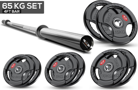 4ft Barbell set with 65kg weight plates on a white background