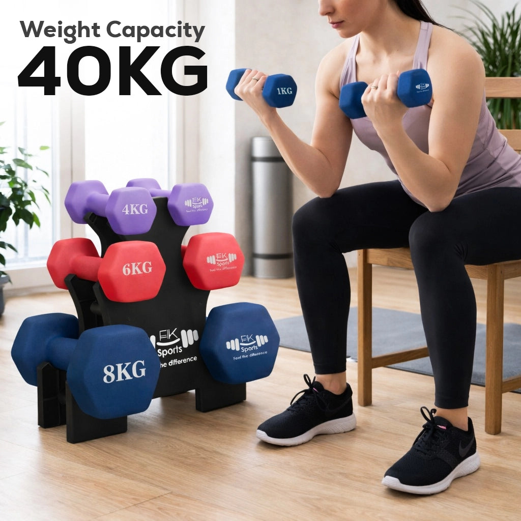 FK Sports Neoprene Dumbbell Set with Rack | Anti-Slip Hand Weights