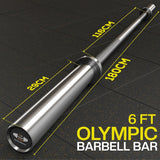 6 ft Olympic barbell bar with measurements on a black tiled background