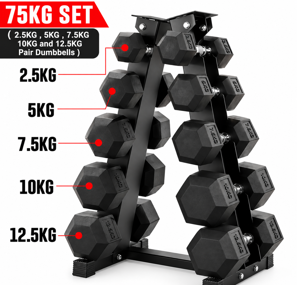 Hex Dumbbell Set with 5 Tier Rack | 2.5kg–20kg Weight Options