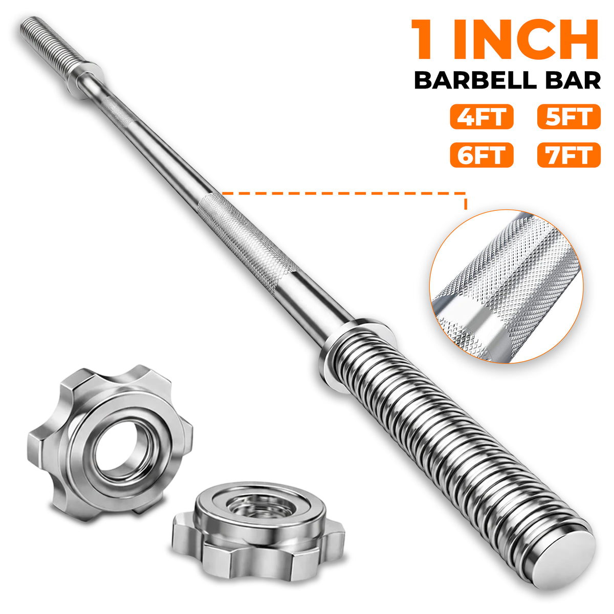 1” Spinlock Barbell Bar with Collars – Multi-Purpose Weightlifting Bar (4ft, 5ft, 6ft,7ft)