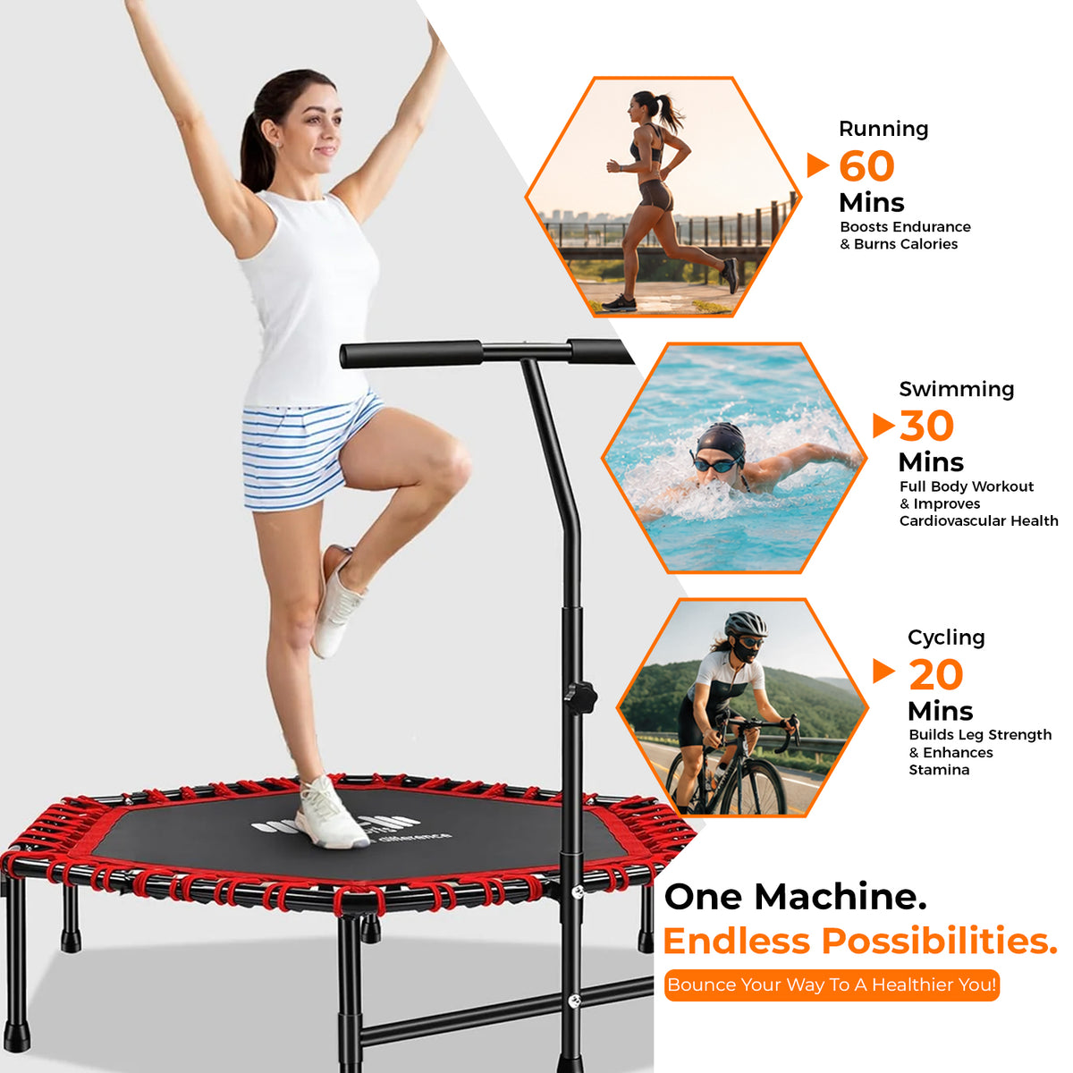 Hexagonal Fitness Trampoline Rebounder with Adjustable Handle – 40/48 Inch | FK Sports