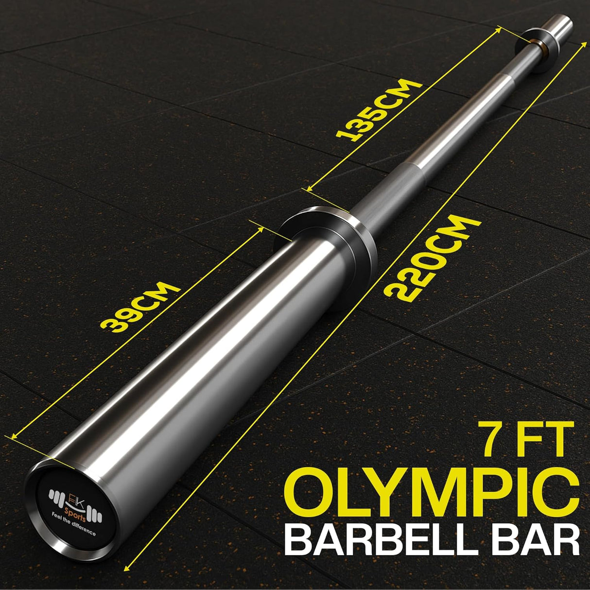 7 ft Olympic barbell bar with measurements on a black background