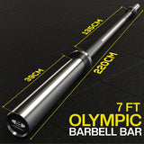 7 ft Olympic barbell bar with measurements on a black background