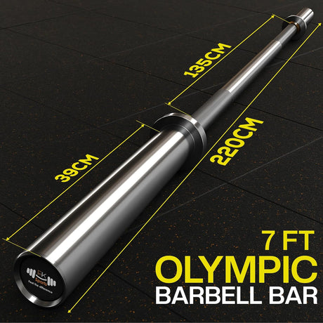 7 ft Olympic barbell bar with measurements on a black background