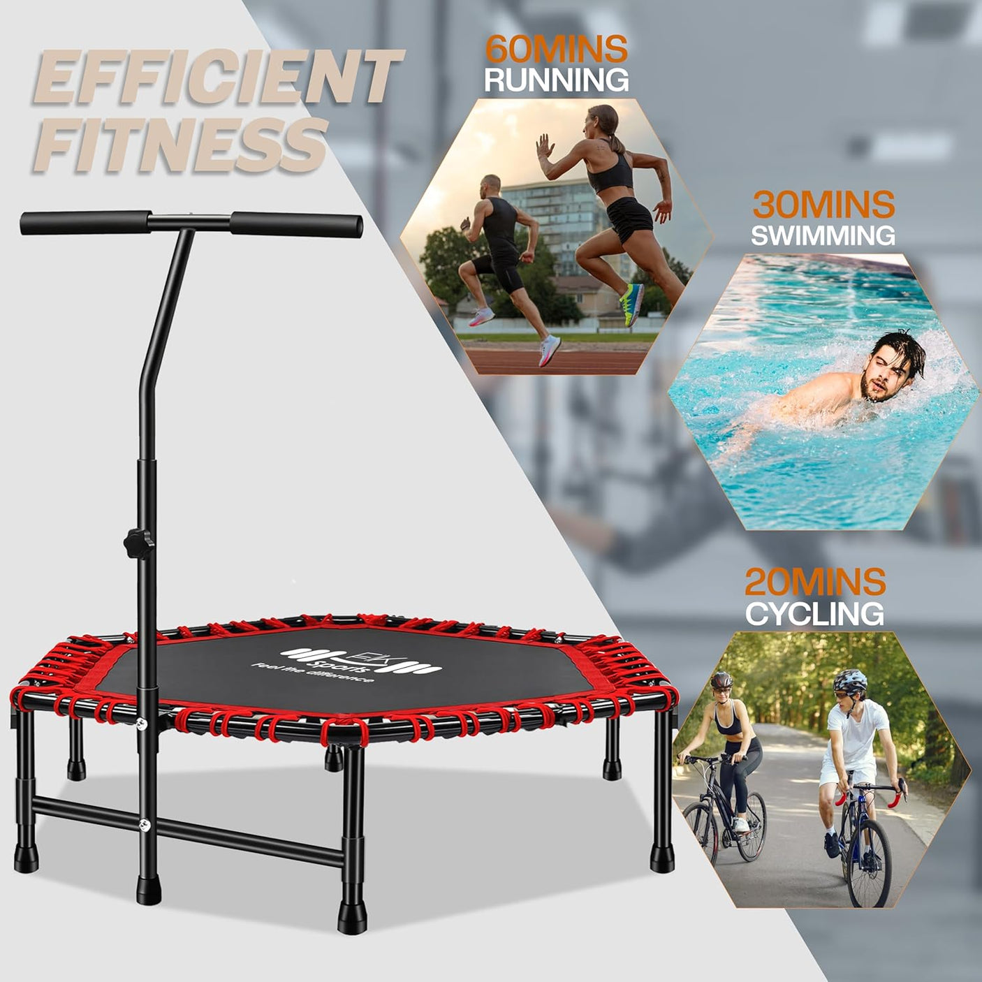 Hexagonal Fitness Trampoline Rebounder with Adjustable Handle – 40/48 Inch | FK Sports