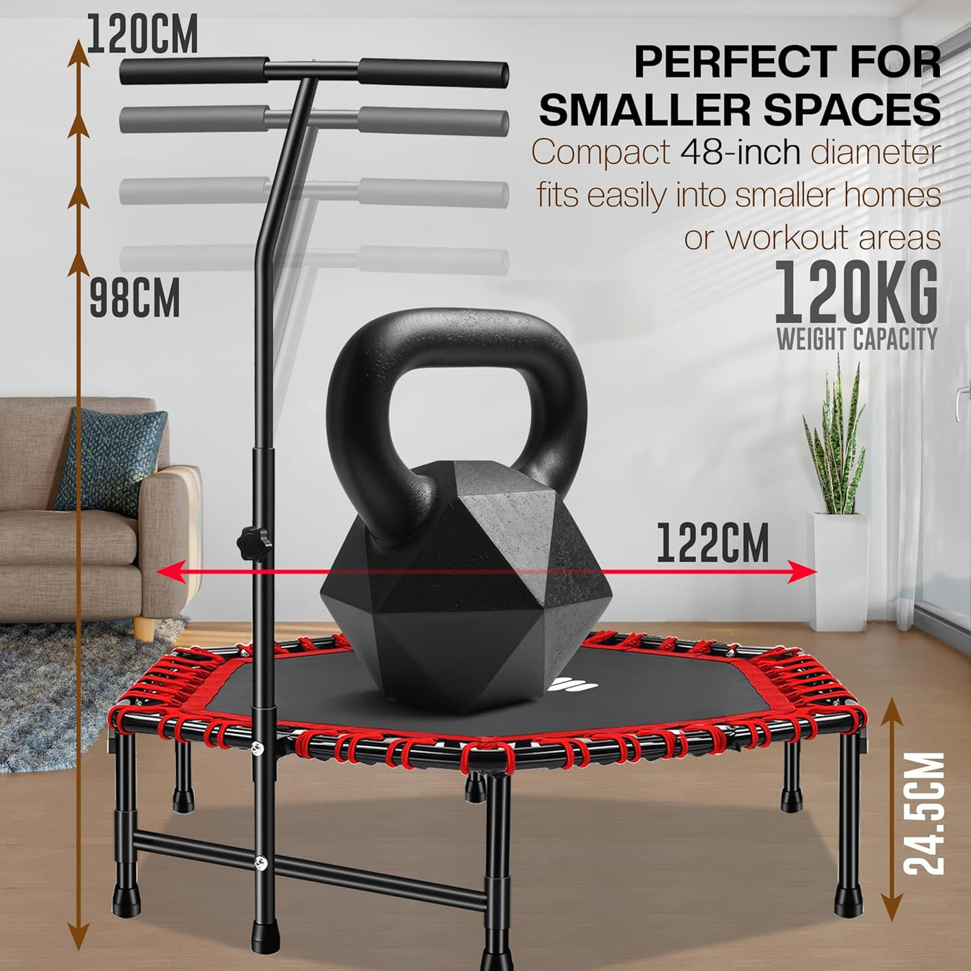 Hexagonal Fitness Trampoline Rebounder with Adjustable Handle – 40/48 Inch | FK Sports
