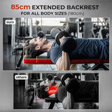 Person using a adjustable weight gym bench with an extended backrest labeled 'ours' compared to 'others'.