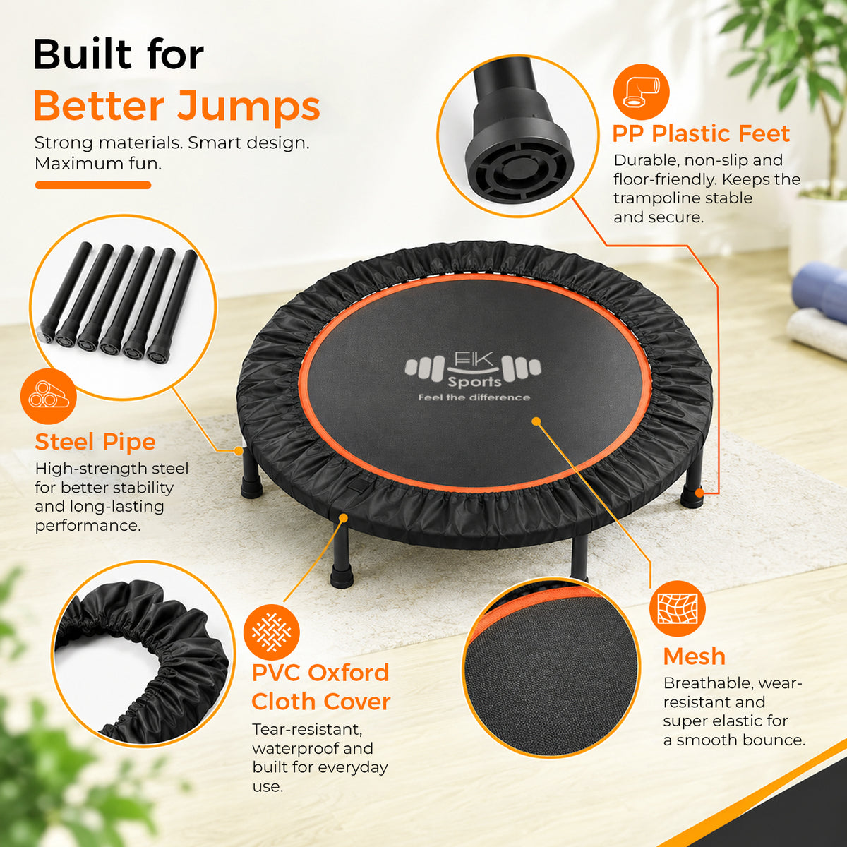 Foldable Mini Trampoline Rebounder 40” & 48” with U Bar Handle | FK Sports UK