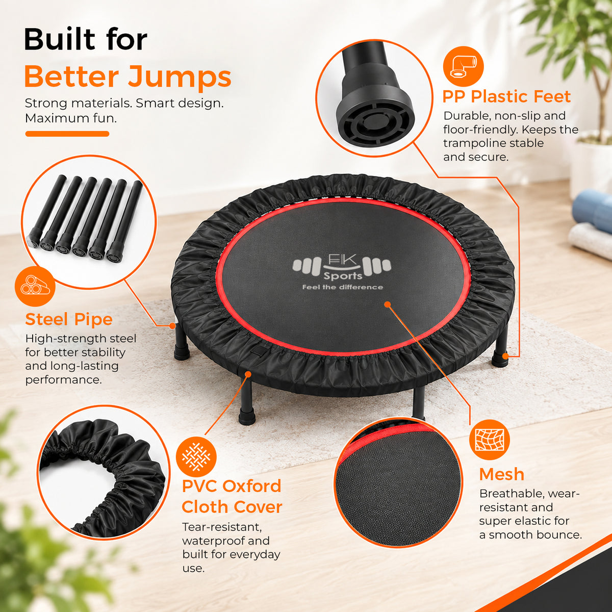 Foldable Mini Trampoline for Adults – 40/48 Inch Rebounder | Home Gym | FK Sports