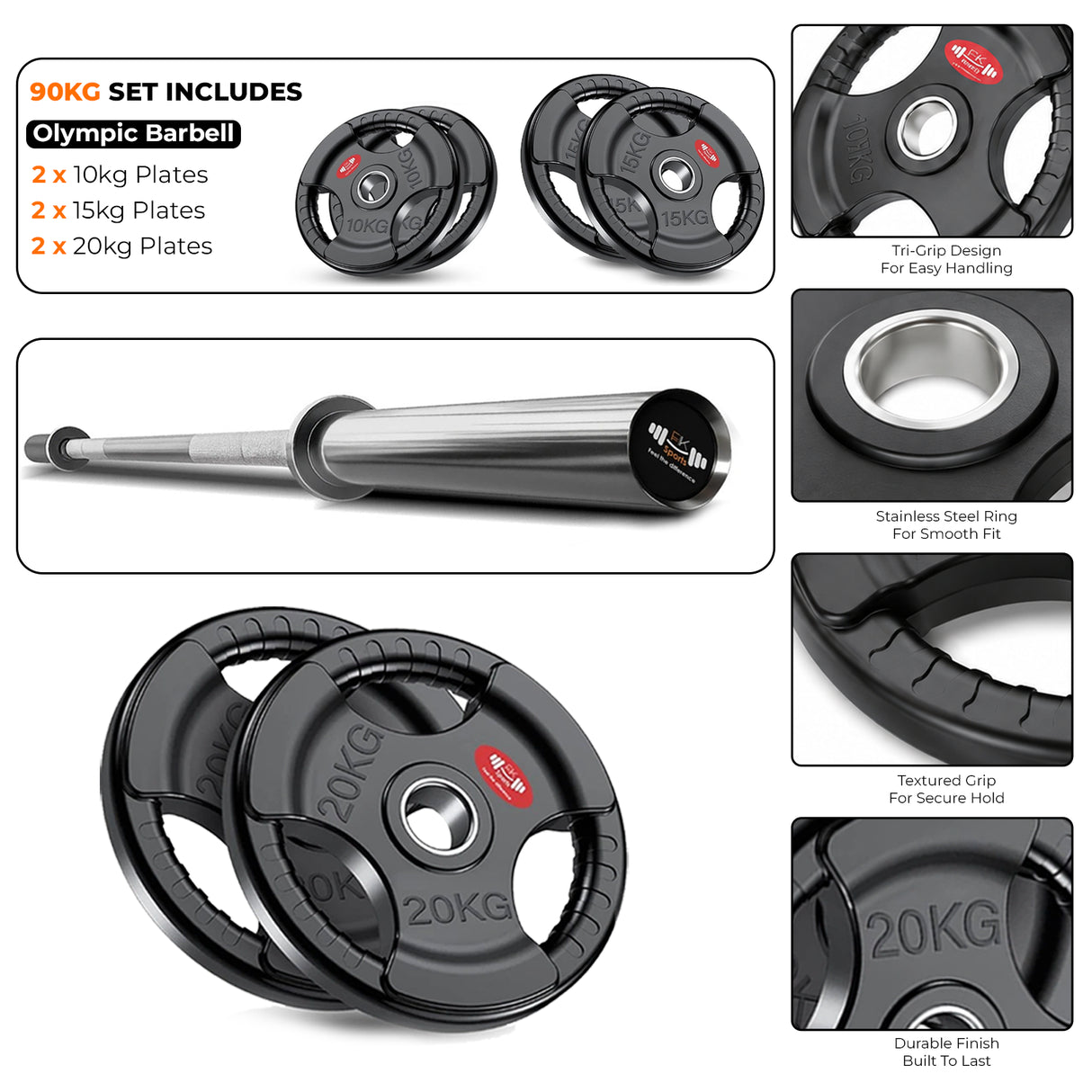 Tri-Grip Olympic Weight Plate & Olympic Barbell Set. 55 - 140 KG