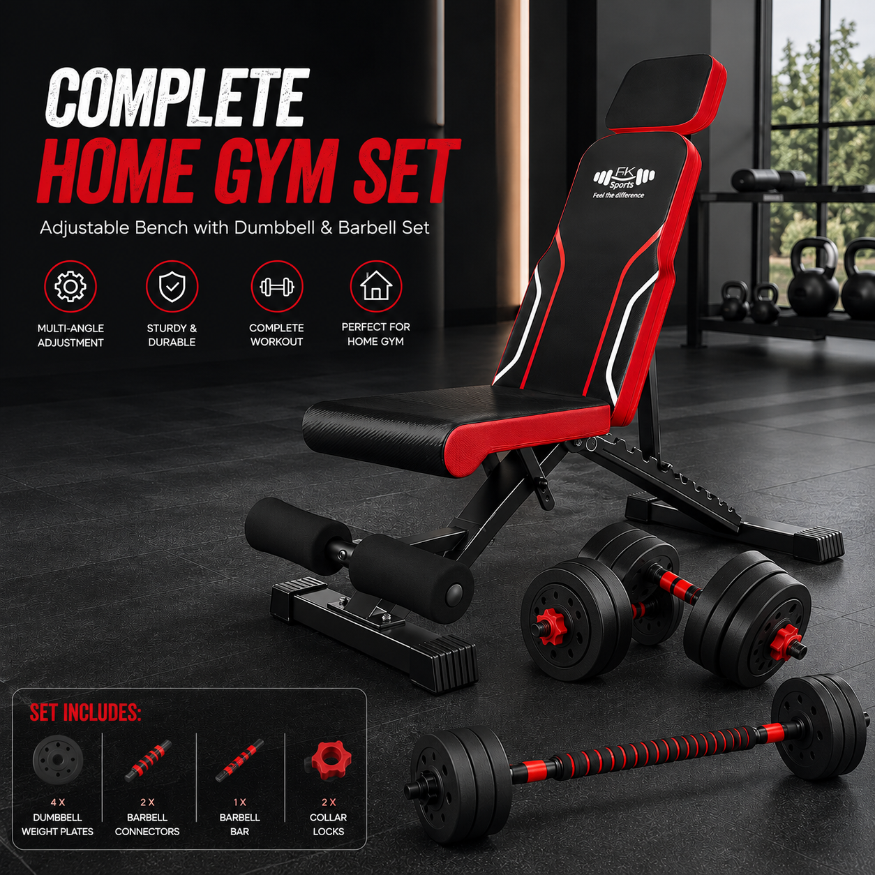 Adjustable Foldable Workout Bench for Home Gym With adjustable dumbbell | FK Sports