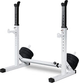 Adjustable barbell rack squat stand with hooks and rubber feet caps, primarily white and black in color, designed for weight lifting and bench pressing in a home gym setting.