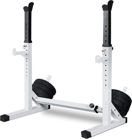 Adjustable barbell rack squat stand with hooks and rubber feet caps, primarily white and black in color, designed for weight lifting and bench pressing in a home gym setting.
