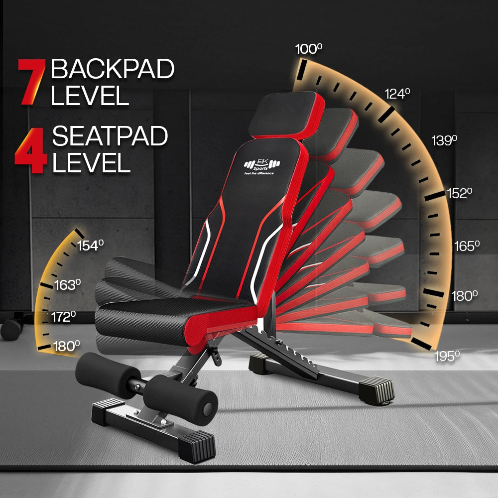 Black and red adjustable & foldable gym bench with backpad and seatpad level indicators on a dark background.