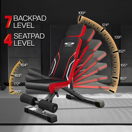Black and red adjustable & foldable gym bench with backpad and seatpad level indicators on a dark background.