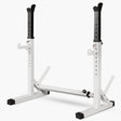 White weight lifting stand with black accents on a white background