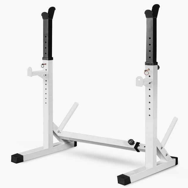 White weight lifting stand with black accents on a white background