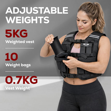 Woman wearing an adjustable weighted vest with weight information displayed.