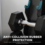 Pair of black dumbbells with anti-collision rubber protection dumbbell rack on a gray background