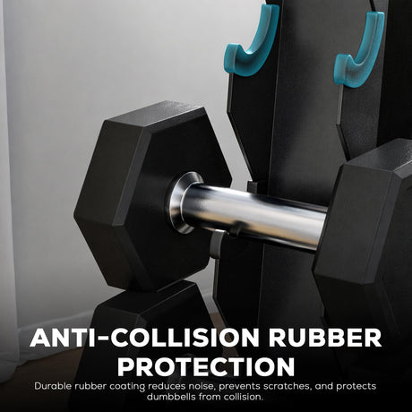 Pair of black dumbbells with anti-collision rubber protection dumbbell rack on a gray background