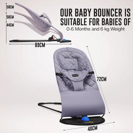 Baby bouncer with dimensions and suitability for babies.