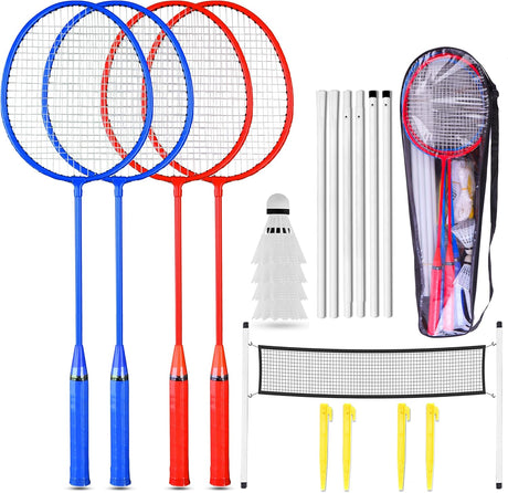 Badminton racket set with red and blue rackets, shuttlecocks, a net, and carrying case on a white background.