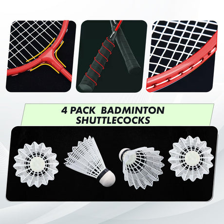 Badminton racket and shuttlecocks packaging with close-up details on a white background