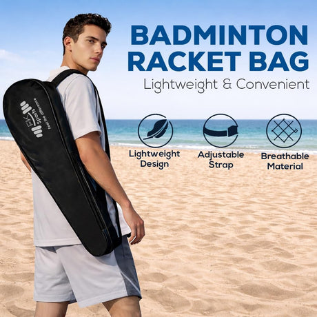 Person holding a badminton racket bag on a beach with text highlighting features.