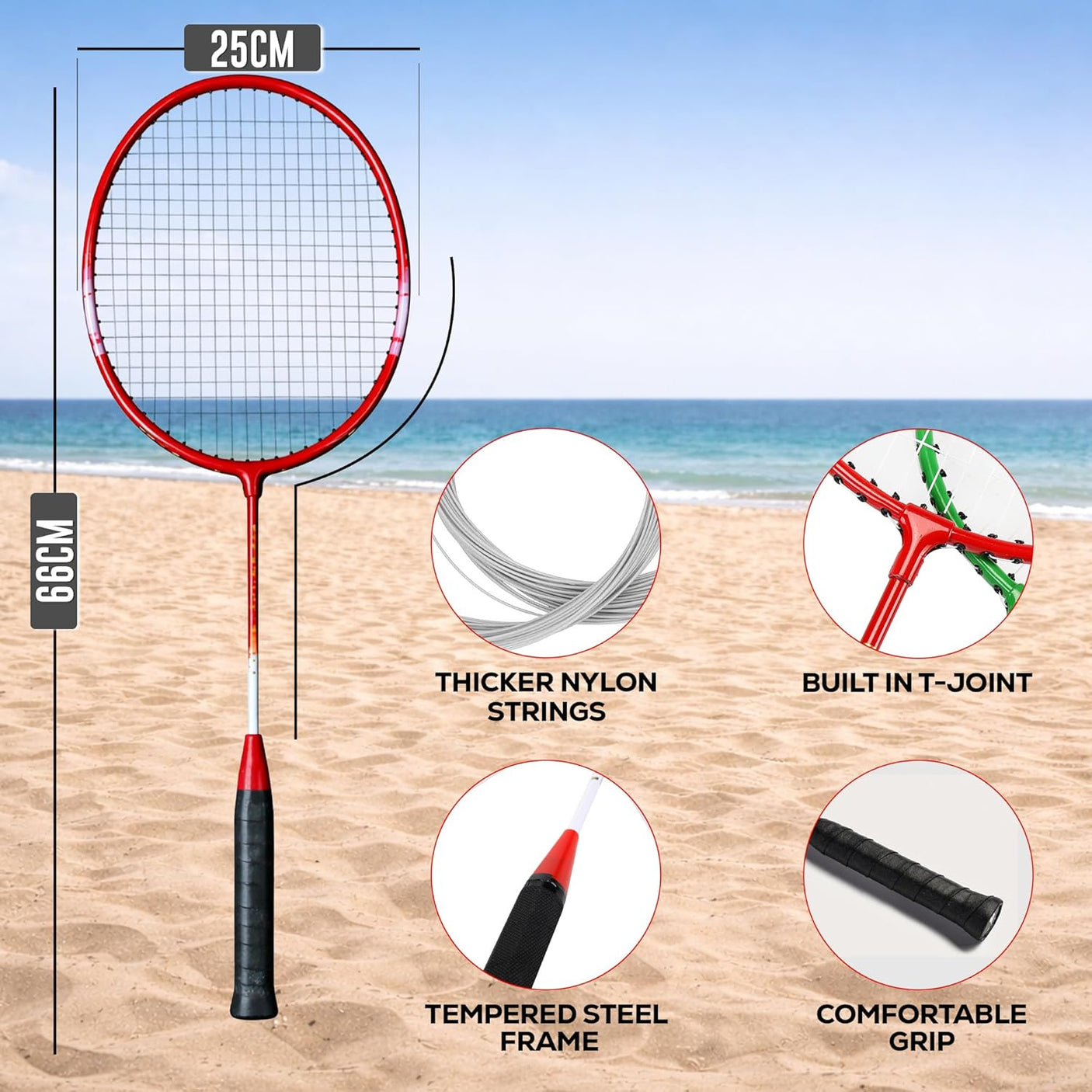 Badminton racket with features highlighted on a beach background

