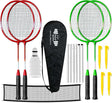 Badminton racket set with shuttlecocks, net, and stakes on a white background