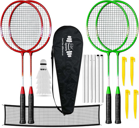Badminton racket set with shuttlecocks, net, and stakes on a white background