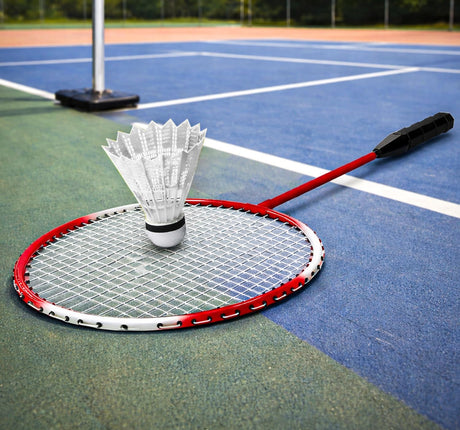 Badminton racket with shuttlecock on a badminton court