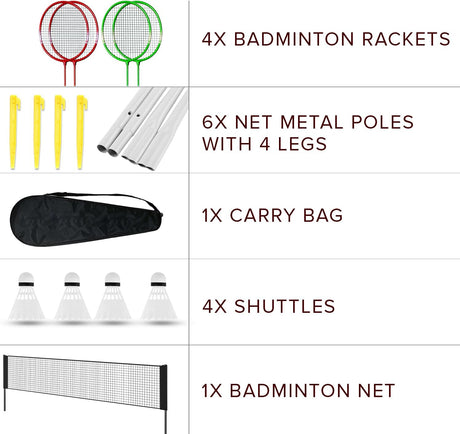 Badminton set with rackets, net, poles, shuttlecocks, and carrying bag on a white background.