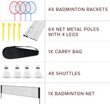 Badminton set with rackets, net, poles, shuttlecocks, and carrying bag on a white background.