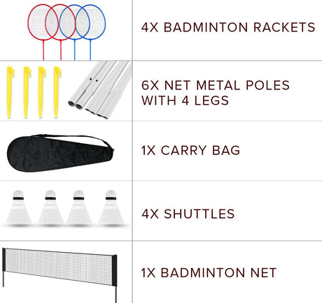 Badminton set with rackets, net, poles, shuttlecocks, and carrying bag on a white background.