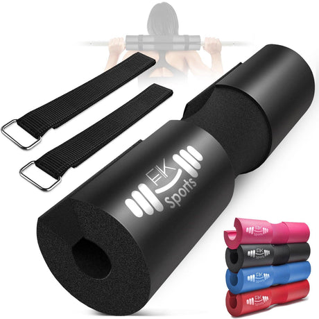 Barbell pad with straps in different colors including black, red, pink, and blue, designed for neck and shoulder protection during weightlifting.