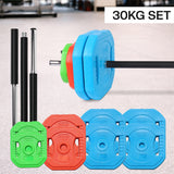 Barbell and plates set with blue and red weight plates on a light background