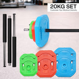 Barbell with colorful weight plates and adjustable handles on a light background