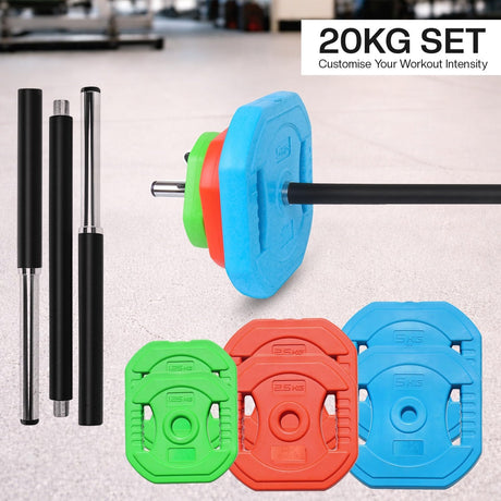 Barbell with colorful weight plates and adjustable handles on a light background
