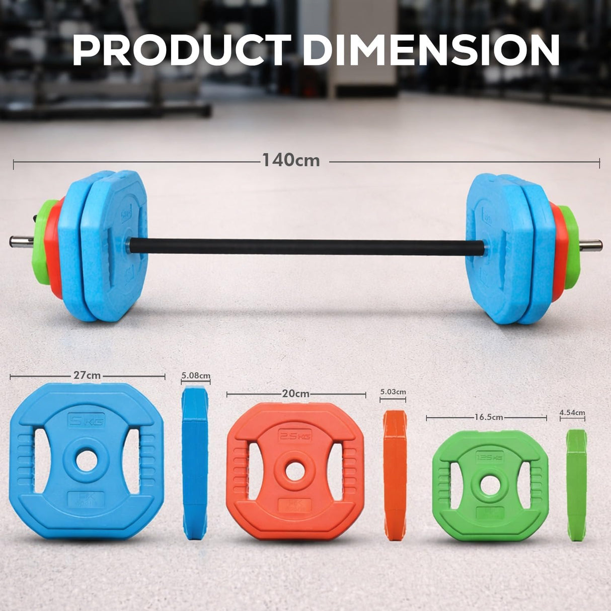 Barbell with colorful weight plates and dimensions displayed on a light surface.