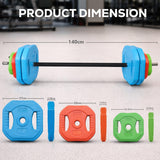 Barbell with colorful weight plates and dimensions displayed on a light surface.